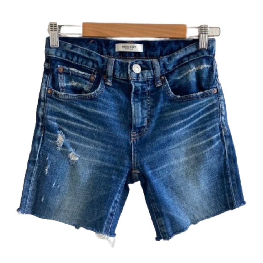 Moussy Vintage Dark Wash Distressed Raw Hem Cut Off Shorts Japanese Denim